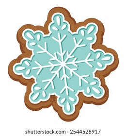 Festive blue snowflake gingerbread cookie with intricate icing details.  Isolated on white. Seasonal baking, and decorations. Perfect for christmas cards, ads, and backgrounds. Noel, xmas, yule