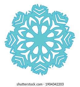 Festive blue snowflake lie on white background. Cut out of paper. Color illustration