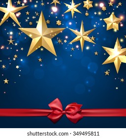 Festive blue starry background with bow. Vector illustration.