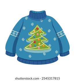 Suéter de Natal festivo azul feio com uma árvore de Natal e padrão de neve. Ilustração vetorial de roupas de inverno acolhedoras para comemoração de férias. Perfeito para projetos de Natal e Ano Novo.