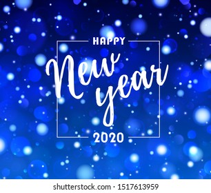 Festive  blue and white luminous background with colorful lights bokeh. Christmas concept Xmas greeting card. Magic holiday poster, banner. Happy new year 2020. Vector Light abstract 