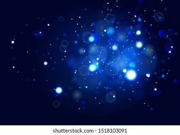 Festive blue and white luminous background with colorful lights bokeh. Christmas concept. Xmas greeting card Vector