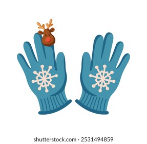 Guantes de invierno azul festivo con copos de nieve y objeto de Vector de color plano de ciervo. Ilustración de diseño de ropa de mano de temporada de Navidades en blanco