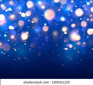 Festive blue, yellow, orange golden luminous background with colorful lights bokeh. Christmas concept Xmas greeting card. Magic holiday poster, banner. Night bright gold sparkles Vector Light abstract