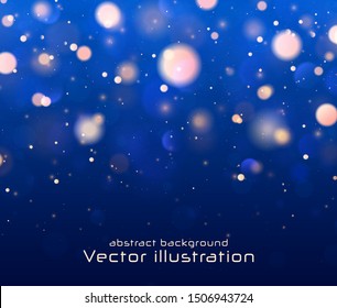 Festive blue, yellow, orange golden luminous background with colorful lights bokeh. Christmas concept Xmas greeting card. Magic holiday poster, banner. Night bright gold sparkles Vector Light abstract
