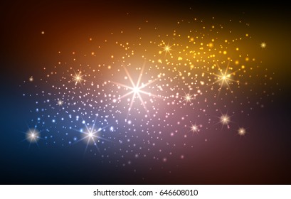 Festive blur gold and blue space background with blurry lights and soft glitter sparks vector illustration