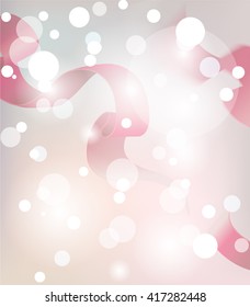 Festive blurred background with ribbons and bokeh lights. Vector illustration