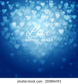 Festive blurred blue, background with bokeh form a heart. Vector illustration.