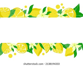 Festive boarder decorated with ripe yellow lemons, hand-drawn. Isolated on a white background. Sample poster, party invitation, holiday banner, postcard. Vector close-up cartoon illustration.