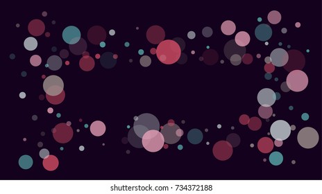 Festive Bokeh Falling Confetti. Celebration Background with Turquoise Blue, Pink, White Circles on Purple. New Year, Christmas, Holiday Design. Funky Shining Overlay. Transparent Festive Bokeh Lights.