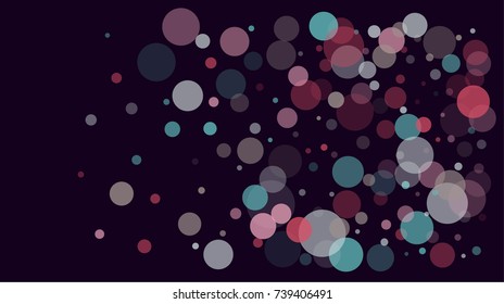 Festive Bokeh Falling Confetti. Celebration Background with Turquoise Blue, Pink, White Circles on Purple. New Year, Christmas, Holiday Design. Funky Shining Overlay. Transparent Festive Bokeh Lights.