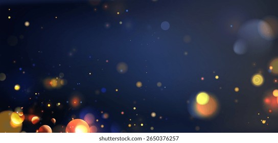 Festive bokeh lights on dark blue background - gold yellow orbs floating with bright sparkles. Blurred glowing circles and shimmering dots for celebration wallpaper or holiday party backdrop design.