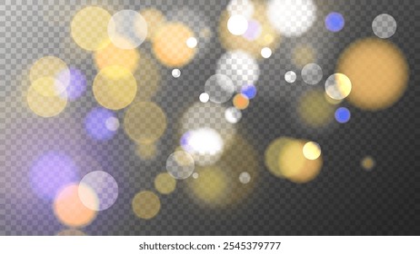 Luces bokeh festivas. Fondo transparente. Efecto de luz borrosa brillante. Plantilla de superposición borrosa Abstractas. Ilustración vectorial.