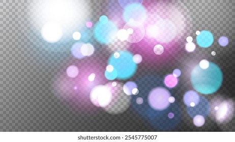 Luces bokeh festivas. Fondo transparente. Plantilla de superposición borrosa Abstractas. Efecto de luz borrosa brillante. Ilustración vectorial.