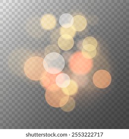 Luces bokeh festivas. Efecto de luz borrosa vibrante. Plantilla de superposición borrosa Abstractas. Fondo transparente. Plantilla gráfica. Ilustración vectorial.