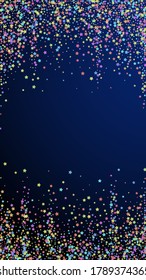 Festive bold confetti. Celebration stars. Colorful stars dense on dark blue background. Good-looking festive overlay template. Vertical vector background.