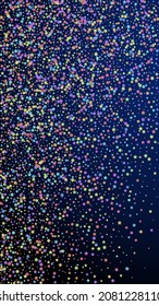 Festive bold confetti. Celebration stars. Colorful stars on dark blue background. Grand festive overlay template. Vertical vector background.