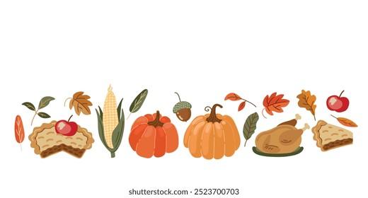 festive border autumn pattern with pumpkins, pies and leaves, flat style illustrations