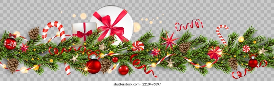 Festliche Grenze mit Weihnachtsdekorationen. Bulben, Bälle, Sterne, Geschenkbox, Tannenäste einzeln. Winterurlaubsbanner