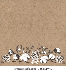 Festive border with cones, mistletoe and cotton. Christmas  background on kraft paper. Can be greeting card, invitation, design element.