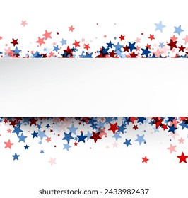 A festive border frame with a scatter of red, white, and blue stars on a white background, ideal for patriotic themes and celebrations.