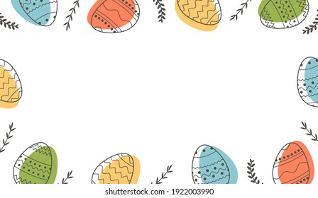 Festive border or frame template with trendy outlined geometric pattern on Easter Eggs. Horizontal banner with decorated eggs and leaves on white background. Vector illustration with place for text.