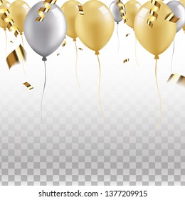 Festive border of gold and silver balloons with flying ribbons and confetti.