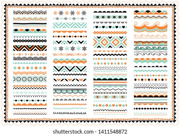 Festive border, pattern set. Great collection of greeting borders, ornaments, brush strokes, lines. Abstract geometric dividers, design elements.