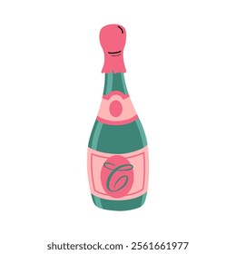 Festive bottle of champagne with pink label. Happy New Year, Valentines Day and birthday. Square Background. Vector flat illustration. For printing, menus, packages and products.
