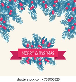 Festive bouquet. Branches of Christmas trees and red berries. Congratulations .Vector illustration. Eps 10.