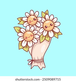 Buquê festivo com flores e folhas bonitas de camomila branca. Personagem de desenho animado de kawaii de feriado engraçado. Ilustração vetorial.