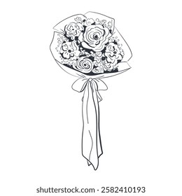 A festive bouquet of flowers hand-drawn in black ink, decorated with a long bow. For the design of wedding invitations, birthday parties, Valentine's day. Vector illustration isolated.