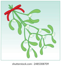 Festive Bouquet of Mistletoe with a Red Ribbon Bow on a cool background