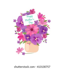 festive bouquet of roses and daisies tied with a yellow ribbon with a bow, flowers for mom with love in flat cartoon style, happy mothers day greeting card background vector illustration