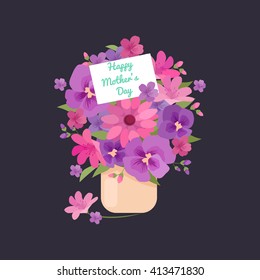 festive bouquet of roses and daisies tied with a yellow ribbon with a bow, flowers for mom with love in flat cartoon style, happy mothers day greeting card background vector illustration
