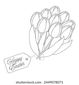 A festive bouquet of tulips. Happy Easter tag. Childrens coloring books. Vector contour drawing