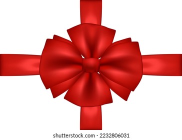 Festive bow isolated on white background. Vector Christmas red satin bow with ribbons realistic, wrap holiday element template. For presents, gifts, coupon, sale, discount design Birthday, Valentine.