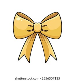 Festive bow on white background. Bow for gift box. Yellow ribbon. Decoration for gifts. Sticker for social networks. New Year and Christmas, birthday. Vector flat illustration