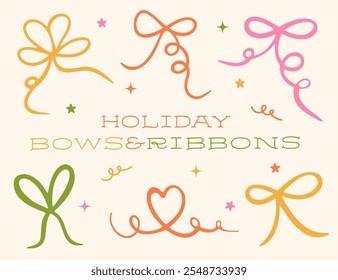 Festive bow and ribbon set. Hand-drawn ink vector elements. For celebration events, presents, gift boxes, invitations etc.