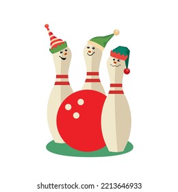 Festive bowling party pins in Elves hats vector icon. Fancy comic pins, red ball cartoon design element illustration. Christmas, New year holidays team play competition, bowling club entertainment fun