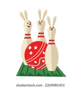 Fiesta de bolos festivos con ícono vector de orejas de conejo. Abundantes pines, ilustración de elementos de dibujos animados de la pelota roja de Pascua. Juego de equipo de las vacaciones de Semana Santa, entretenimiento en boliche