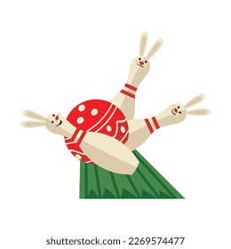 Festive bowling party pins with rabbit ears vector icon. Fancy bunny pins, red Easter ball cartoon design element illustration. Easter spring holidays team play competition, bowling club entertainment
