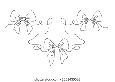 Festive bows drawn in continuous line in minimalism style, gift decoration, bow tie, bowknot, holiday concept, in one line, editable vector contour.