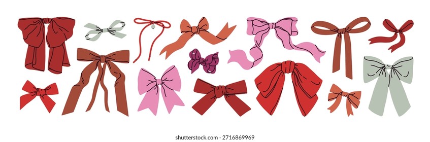 Conjunto de lazos y cintas festivas. Elegantes Elementos de diseño textiles. Accesorios de coqueta femenina y decoraciones de nudos para el cabello o regalos de vacaciones. Ilustraciones vectoriales dibujadas aisladas sobre fondo blanco