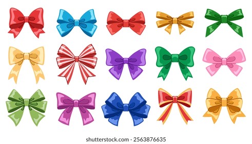 Festive bows set. Collection of bright multi-colored decorative bows for gifts, cards, festive design.
