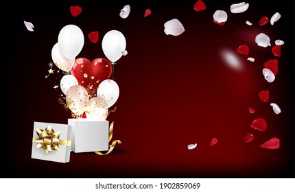 A festive box with balloons and a red heart. On a red background and rose petals. Holiday card, invitation. Vector.