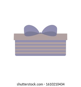 Festive box. Gift in packaging. Gray box with stripes and a blue bow. Isolated on a white background. Cartoon style. Vecor. Decor element for the decoration of gifts, invitations.