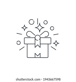 Caja festiva. Regalo, sorpresa. Icono lineal vectorial aislado en fondo blanco.