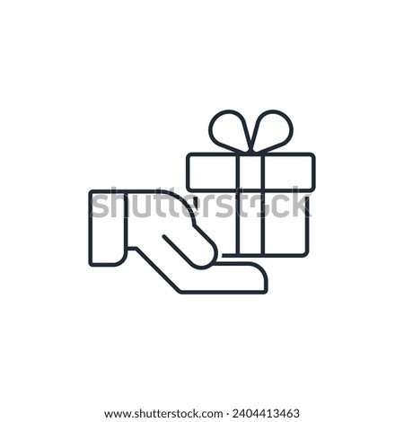 Festive box in hand. Give or receive a gift. Surprise. Vector linear icon illustration isolated on white background.