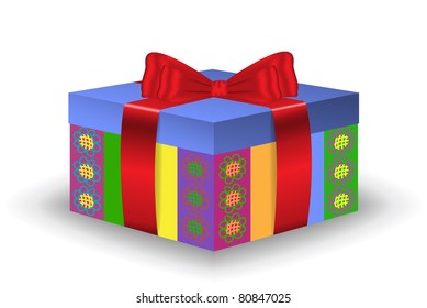 festive box with painted flowers and a red bow